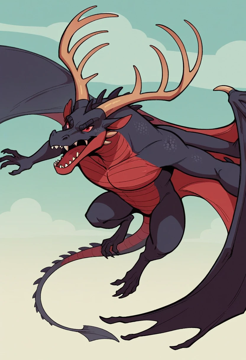 Make me a black dragon and red eyes, he must be flying, its two huge wings in the sky and with its jaw open, he has to be extremely scary and horrendous: Dragons are covered in scales, as well as spines that run down its back from head to tail. Particularly large ridges of antlers frame the edges of their faces., running along the back of the skull and along the jawline, that grow as they mature. Adult dragons have two sets of ruffles that run along the back of their necks and spine., two along the sides of their necks and another two centered closer to the backbone, for a total of four ruffles. These are formed by webs that grow between longer spines.