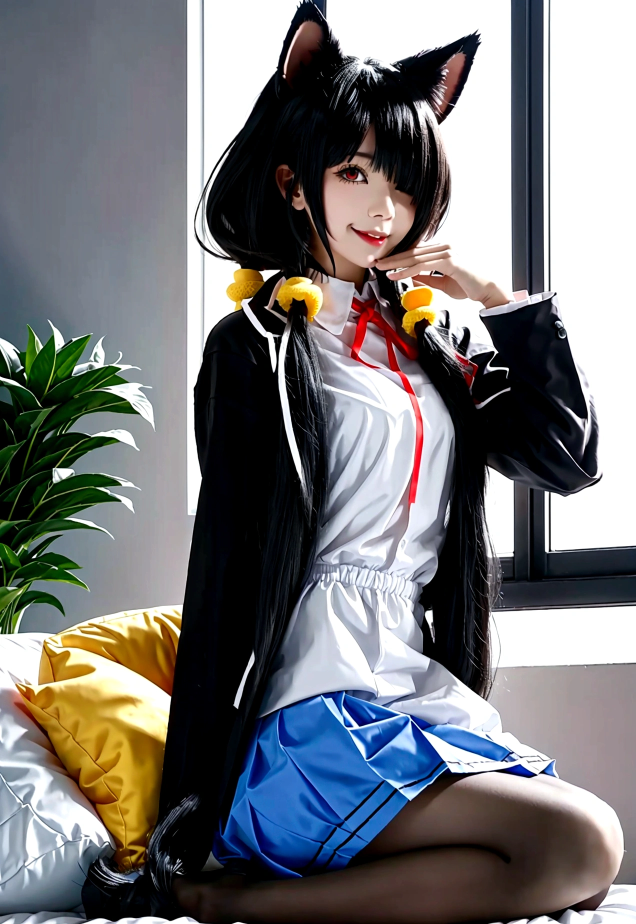 ultra-detailed,highly detailed,best quality,masterpiece,illustration,
The image is another digital artwork of an anime-style girl. She has twin ponytails and heterochromatic eyes, with one red and one yellow. She is wearing a black hoodie with cat ears and a white dress or long shirt underneath. The girl has a choker with a bell around her neck and a slightly blushing expression. She is sitting on a bed, with her knees drawn up and hands near her face, giving a shy or bashful appearance. In the background, there is a pillow with a cute, smiling cat face, and a potted plant can be seen near the window.