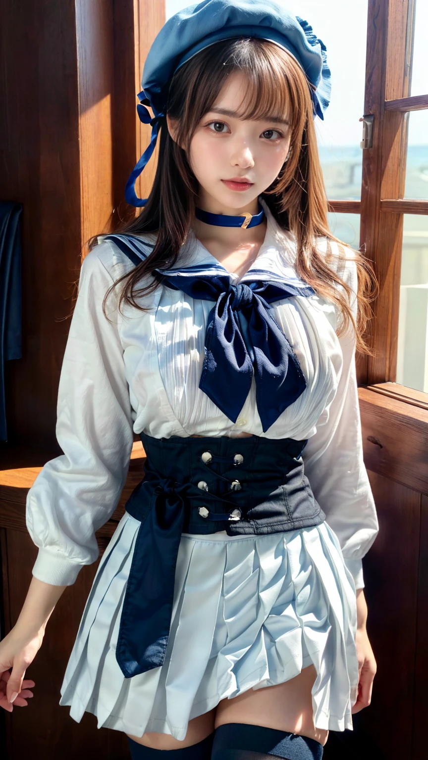 (absurdres:1.3), (highres:1.3), (ultra detailed:1.3),(1girl:1.3), (extremely detailed CG unity 8k wallpaper:1.3), (detailed skin texture, detailed cloth texture, detailed hair texture), (beautiful detailed face, supermodel, pale skin, realistic glistening skin), (RAW photo, best quality), (realistic, photo-realistic:1.4), masterpiece, extremely delicate and beautiful,Amazing, finely detail, extremely detailed CG unity 8k wallpaper, huge filesize, ultra-detailed, highres, absurdres, soft light,rim light, vibrant details, hotel room, straight hair, large breasts, black hair color, Big Natural Color Lip, (perfect body shape), beautiful legs, (white (skirt, pleated skirt):1.5), (white beret with light-blue ribbon:1.4), (blue sailor collar:1.4), (white shirt:1.4), (double-breasted on deep-blue waist cincher:1.3), (short bishop-sleeve:1.3), (light-blue ribbon:1.3), ((white socks, loafers):1.2), crying a little、Harajuku style、20 year old girl、cute type、lolita、