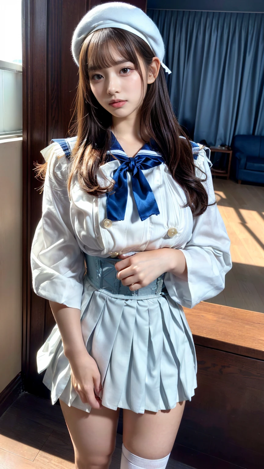 (absurdres:1.3), (highres:1.3), (ultra detailed:1.3),(1girl:1.3), (extremely detailed CG unity 8k wallpaper:1.3), (detailed skin texture, detailed cloth texture, detailed hair texture), (beautiful detailed face, supermodel, pale skin, realistic glistening skin), (RAW photo, best quality), (realistic, photo-realistic:1.4), masterpiece, extremely delicate and beautiful,Amazing, finely detail, extremely detailed CG unity 8k wallpaper, huge filesize, ultra-detailed, highres, absurdres, soft light,rim light, vibrant details, hotel room, straight hair, large breasts, black hair color, Big Natural Color Lip, (perfect body shape), beautiful legs, (white (skirt, pleated skirt):1.5), (white beret with light-blue ribbon:1.4), (blue sailor collar:1.4), (white shirt:1.4), (double-breasted on deep-blue waist cincher:1.3), (short bishop-sleeve:1.3), (light-blue ribbon:1.3), ((white socks, loafers):1.2), crying a little、Harajuku style、20 year old girl、cute type、lolita、