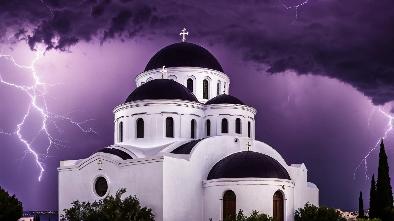 darkest atmosphere, dark purple & black storm clouds during the night, darkness, lightning, panoramic façade of a white Greek Orthodox cathedral with a large purple dome, background