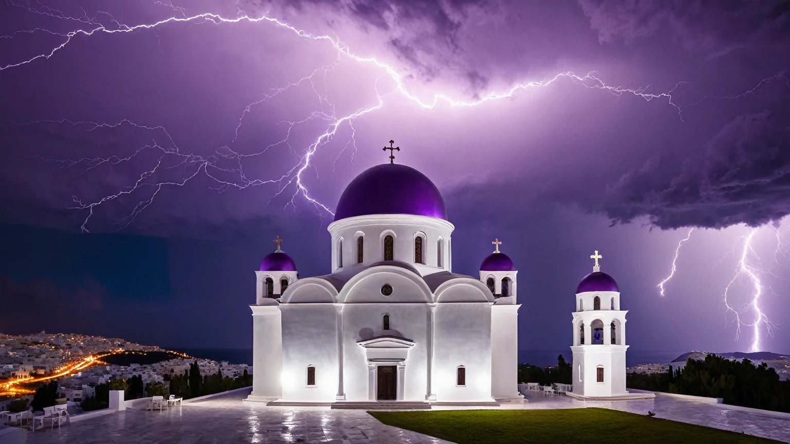 darkest atmosphere, dark purple & black storm clouds during the night, darkness, lightning, panoramic façade of a white Greek Orthodox cathedral with a large purple dome, background