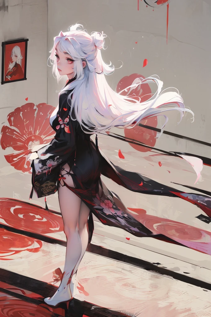 (Mythical Beast), Dynamic body shape, (Chinese Monster), Beautiful, Splattered ink, Chinese, 1 Girl, ((full body), ((2.5D)), Flowing hair, white hair, pink eyes, beautiful eyes, Delicate eyes, Delicate silhouette, art costume, (antique black and red brocade Hanfu), floral clothing, field of view, (masterpiece), front photo, white background, (poster), sharp, splash, cloud, petal, empty, sky, look at viwer, dinamic poses, backwards, looking back