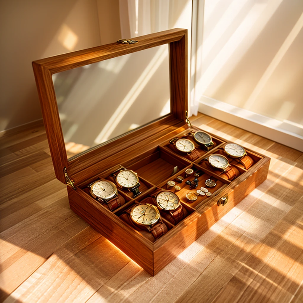 In this cozy room,A ray of sunlight shone through the half-drawn curtains on the table,Let the wood grain on the watch storage box shine with a faint luster。There was a calm and peaceful atmosphere in the air around them。There are several still lifes hanging on the walls of the room,It adds a touch of elegance to the space。And on the other side of the room,The half-open window lets in the breeze,The pages on the small desk by the window turned in the wind,This quiet scene gives a sense of tranquility and comfort。