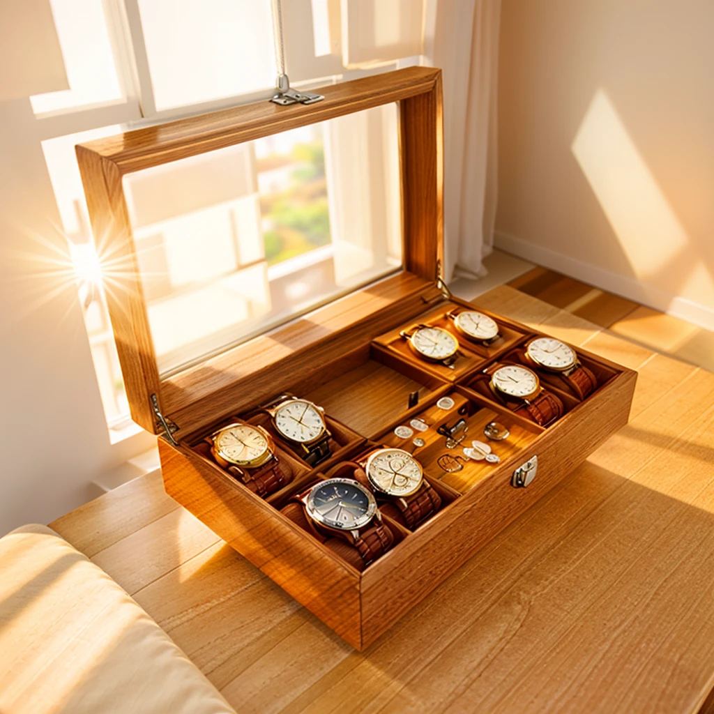 In this cozy room，A ray of sunlight shone through the half-drawn curtains on the table，Let the wood grain on the watch storage box shine with a faint luster。There was a calm and peaceful atmosphere in the air around them。There are several still lifes hanging on the walls of the room，It adds a touch of elegance to the space。And on the other side of the room，The half-open window lets in the breeze，The pages on the small desk by the window turned in the wind，This quiet scene gives a sense of tranquility and comfort。

