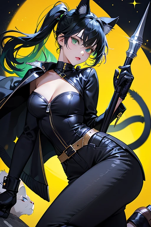a cyber girl, with furry latex suit, technological armor, Trench coat, and cowboy hat, He is wearing a revolver holster, sexy pose sensual look at the camera