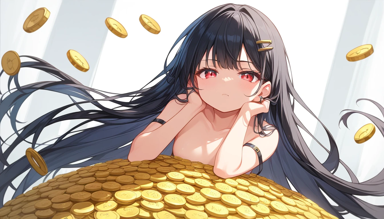 ((1girls:1.3)), ((solo:1.3)), ((moe style:1.3)), ((standing:1.3)), ((red eyes:1.3)), ((very long hair:1.3)), ((small girl:1.3)), ((flat chest:1.3)), ((bored look:1.3)), ((pile of gold coins:1.3)), ((black hair:1.3)), ((perfect face)), ((extremely cute:1.3)), ((masterpiece:1.3)), ((8k)), ((best quality:1.3)), ((beautiful)), ((extremely detailed:1.3)) , ((absurdres)), AddXL, ((score_9:1.3)), ((score_8_up:1.3)), ((score_7_up:1.3)), Expressiveh