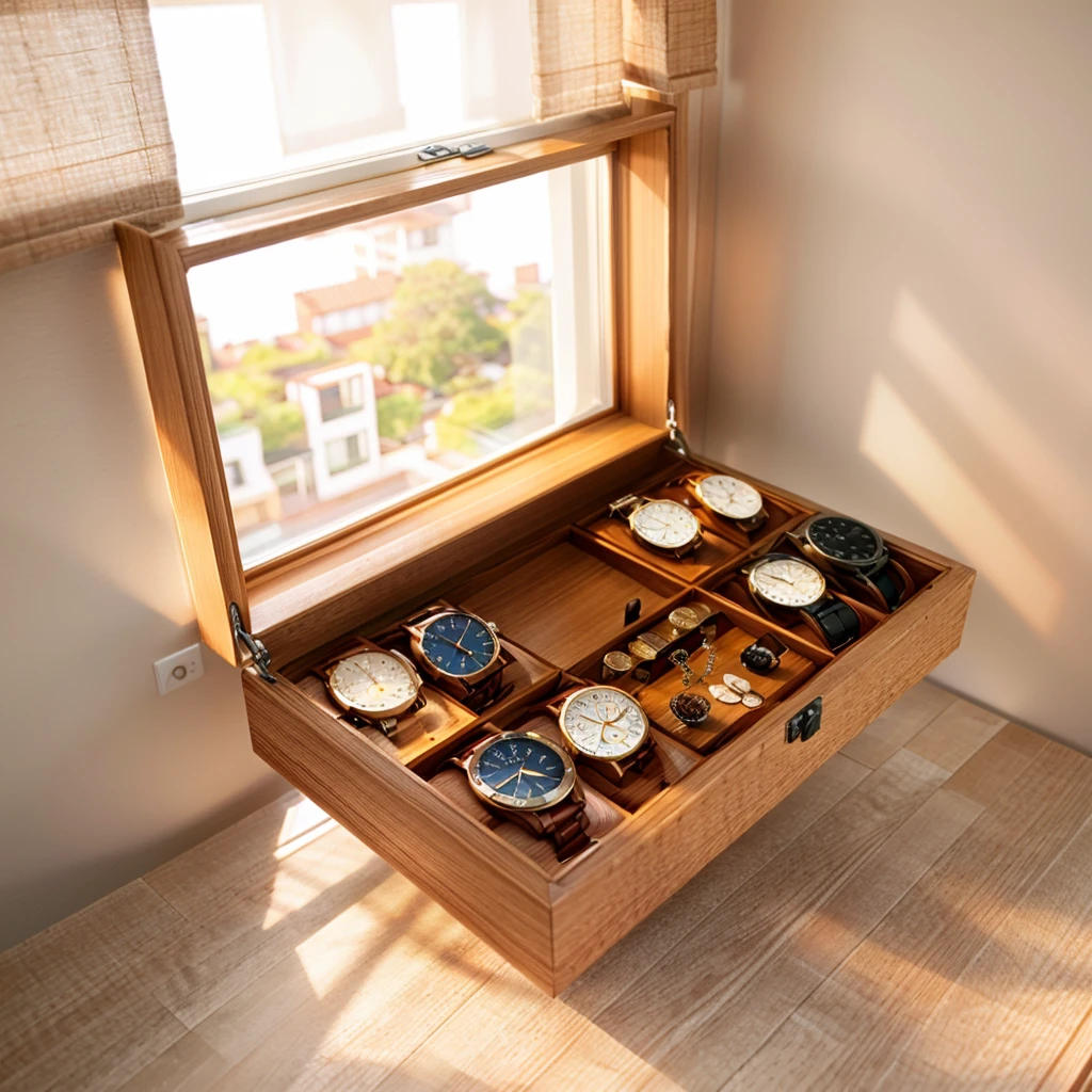 In this cozy room,A ray of sunlight shone through the half-drawn curtains on the table,Let the wood grain on the watch storage box shine with a faint luster。There was a calm and peaceful atmosphere in the air around them。There are several still lifes hanging on the walls of the room,It adds a touch of elegance to the space。And on the other side of the room,The half-open window lets in the breeze,The pages on the small desk by the window turned in the wind,This quiet scene gives a sense of tranquility and comfort。