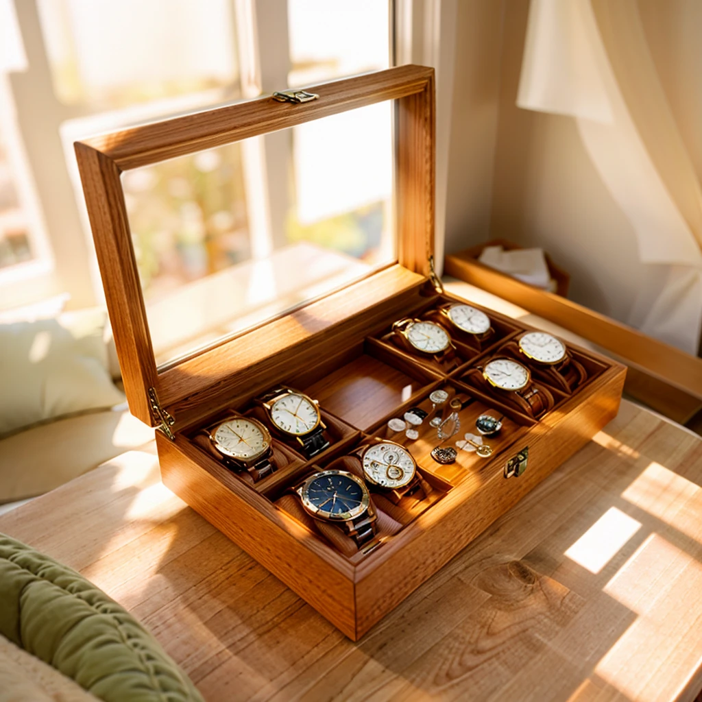 In this cozy room,A ray of sunlight shone through the half-drawn curtains on the table,Let the wood grain on the watch storage box shine with a faint luster。There was a calm and peaceful atmosphere in the air around them。There are several still lifes hanging on the walls of the room,It adds a touch of elegance to the space。And on the other side of the room,The half-open window lets in the breeze,The pages on the small desk by the window turned in the wind,This quiet scene gives a sense of tranquility and comfort。