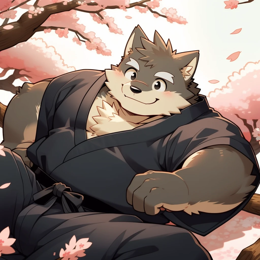 Scribble 黑色柴dog face,Cute face,Humanity(dog),(Black Kimono:1.3),Chubby,(White eyebrows:1.1),(Perfect black eyes),(artist:Takemoto Arashi),(Bulging buttocks),Cherry blossoms,Lying position,Smile,Wolf Tail。
