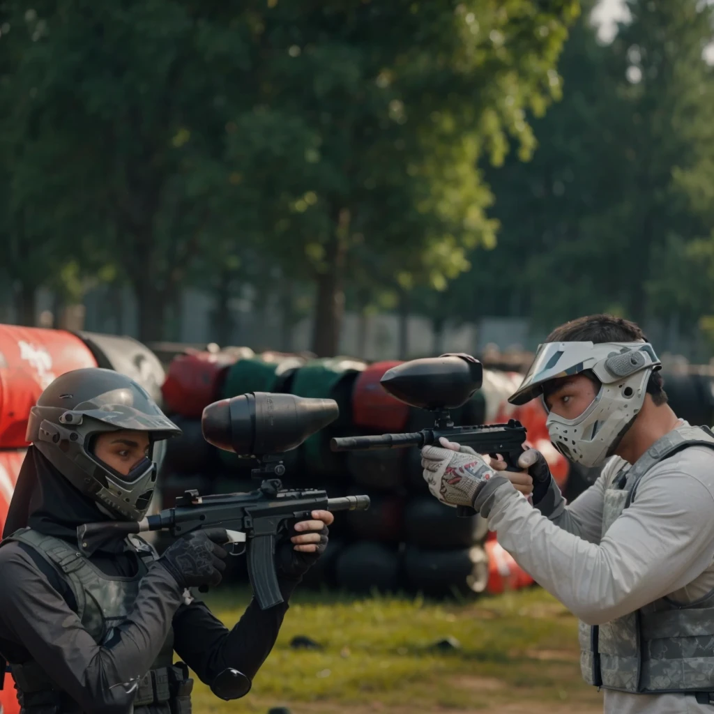 picture from the side, 30 year old man, muscular, wearing a helmet, wearing a gray long-sleeved paintball uniform, wearing a gray vest, the man is holding up a paintball marker towards the enemy in front of him, namely a woman wearing a hijab, wearing a helmet black, wearing a black paintball uniform, wearing a black vest, very epic scene where the two of them point paintball markers at each other in a match, background of the paintball field during the day, cinematic, realistic, 4k, very detailed, intricate design