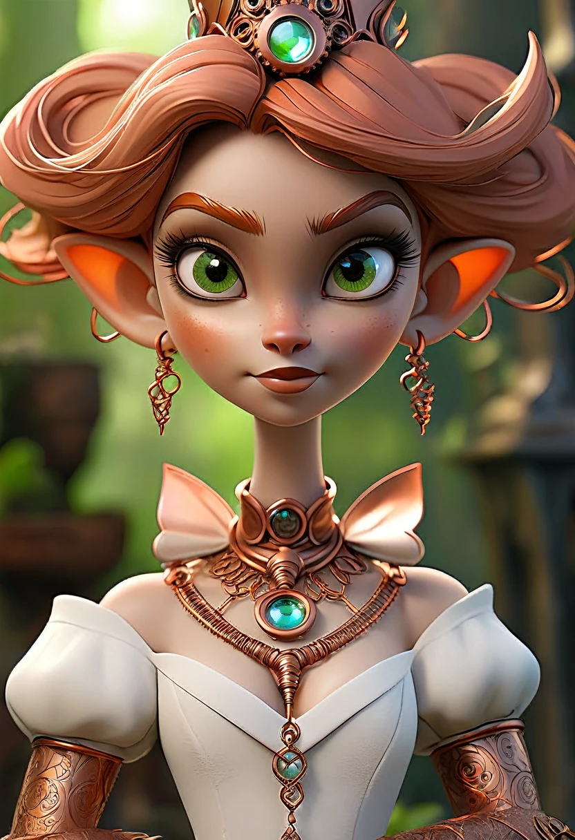 Steampunk inspired goblin princess. copper wire necklaces and bangles. Crown of fine copper wire. copper coloured tatoos cover her face and body intricate and beautiful designs. LArge pointed ears that end in curlicues. Hands on hips. Ember colored eyes adorned with intricate copper wireing. a pure white dress, hemmed with copper, covered in copper lace and filligree. silver designs cover the skirt in a kaleidoscope of intricate copper designs. Background is magical verdant forrest. Her visage is a mesmerizing blend of Sydney Sweeney, Alison Brie, Dove-Cameron, creating a unique, symmetrical face that exudes elegance and grace. copper colores face tattoos. Copper colored arms, and chest tatoos. Cozy, romantic lighting. Cheerful smile. Copper hair that shimmers and sparkles in the lights. Hourglass figure. copper lips. dark copper eye shadow.