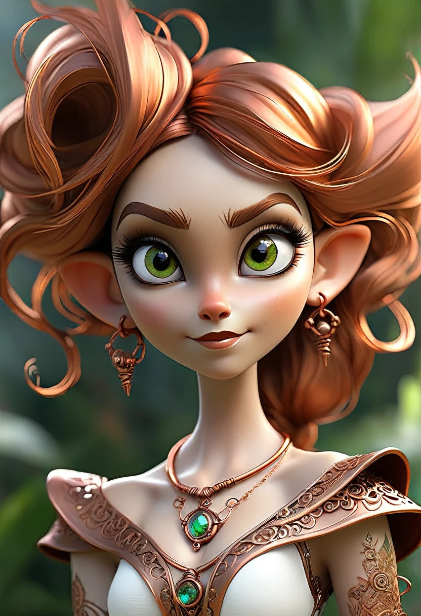 Steampunk inspired goblin princess. copper wire necklaces and bangles. Crown of fine copper wire. copper coloured tatoos cover her face and body intricate and beautiful designs. LArge pointed ears that end in curlicues. Hands on hips. Ember colored eyes adorned with intricate copper wireing. a pure white dress, hemmed with copper, covered in copper lace and filligree. silver designs cover the skirt in a kaleidoscope of intricate copper designs. Background is magical verdant forrest. Her visage is a mesmerizing blend of Sydney Sweeney, Alison Brie, Dove-Cameron, creating a unique, symmetrical face that exudes elegance and grace. copper colores face tattoos. Copper colored arms, and chest tatoos. Cozy, romantic lighting. Cheerful smile. Copper hair that shimmers and sparkles in the lights. Hourglass figure. copper lips. dark copper eye shadow.