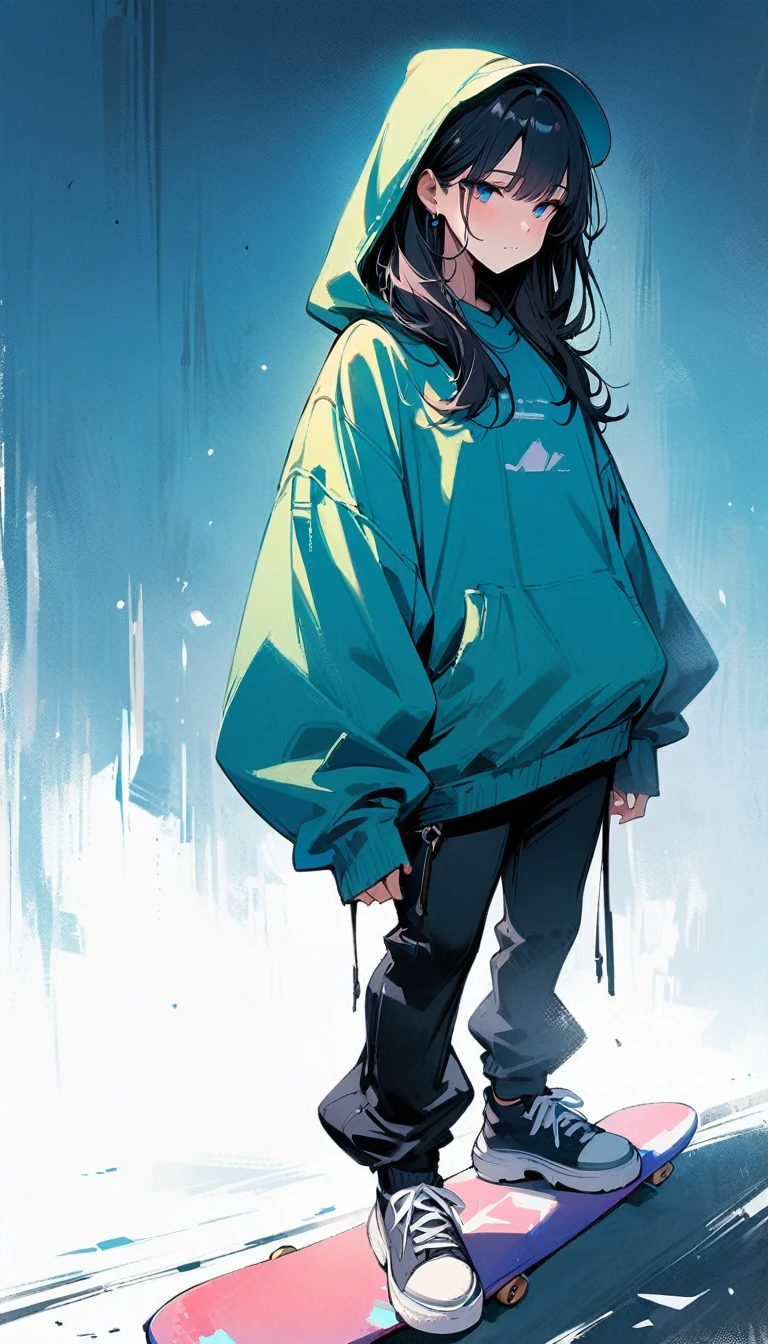 (masterpiece, best quality:1.2), 1 girl, alone, baggy jumper, short, skateboard, full body,