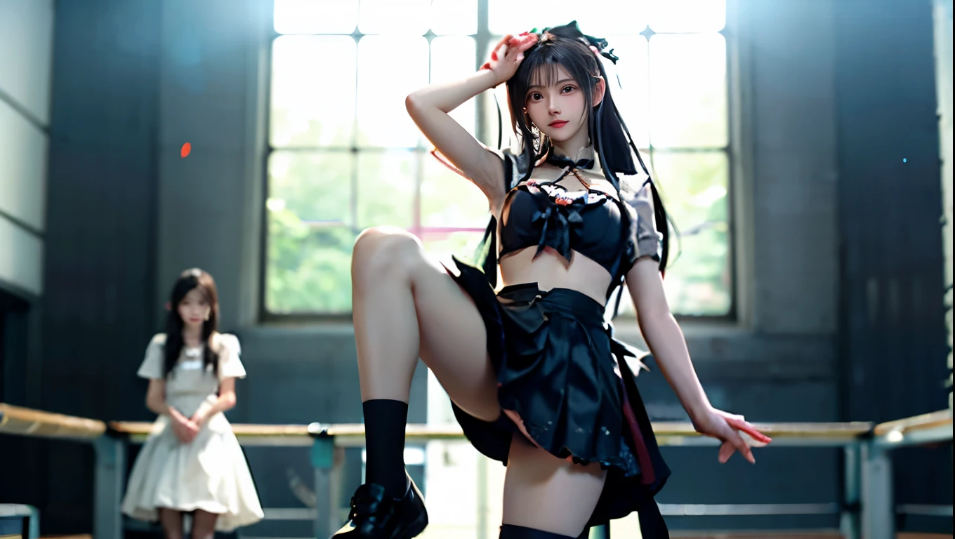 (Very delicate and beautiful:1.2)super model,,Big Breasts,Beautiful breasts,voluptuous,【bike shorts】,,【3girls】,,Highest quality, High resolution, 8K,Kick in a hurry,Maid clothes,mini skirt.Three Girls.Two girls high-kicking a man