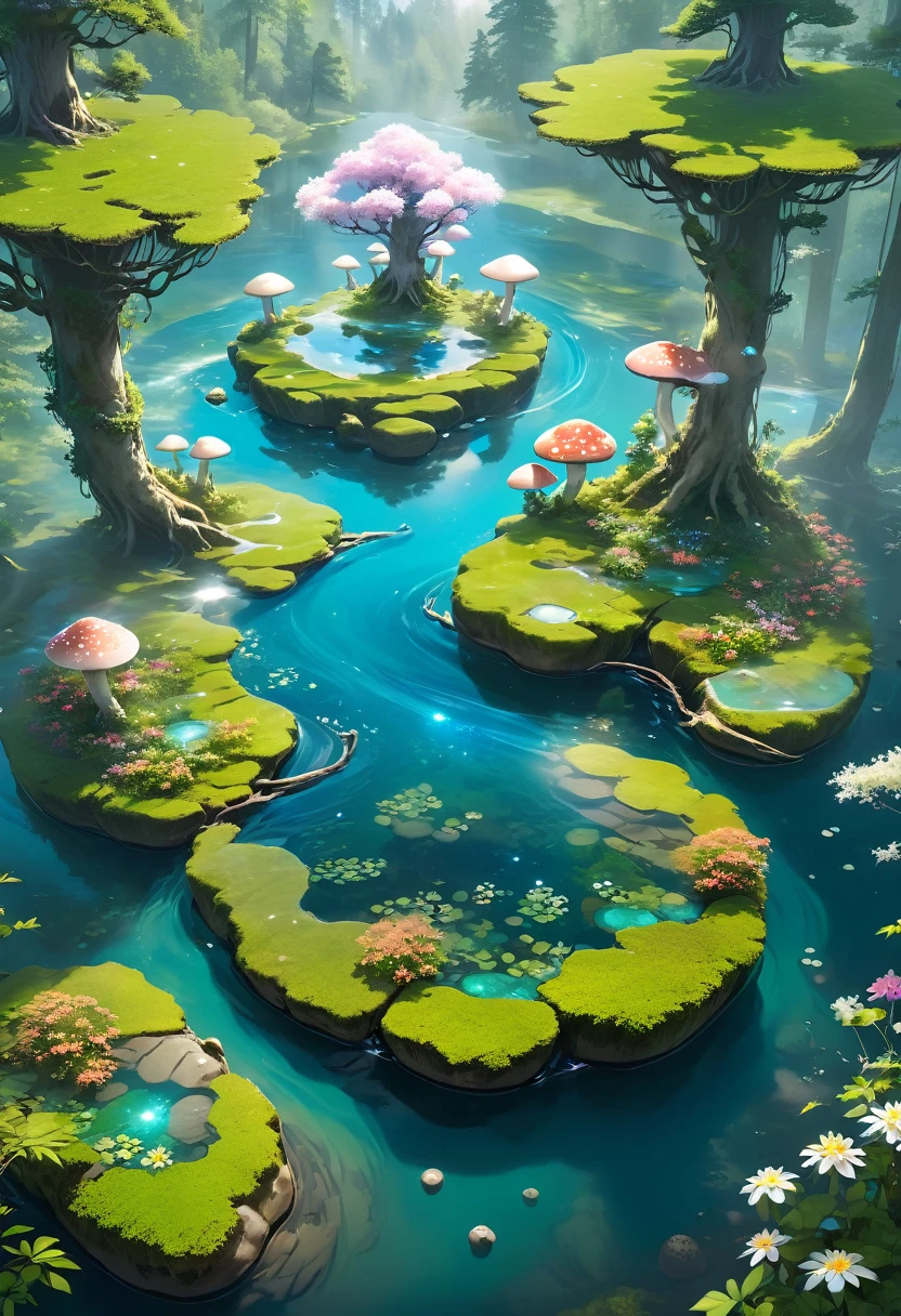 A crystal-clear river meanders through the forest, its banks adorned with wildflowers and luminescent mushrooms. In the middle of the river, there is a floating island covered by a single giant and ancient bonsai