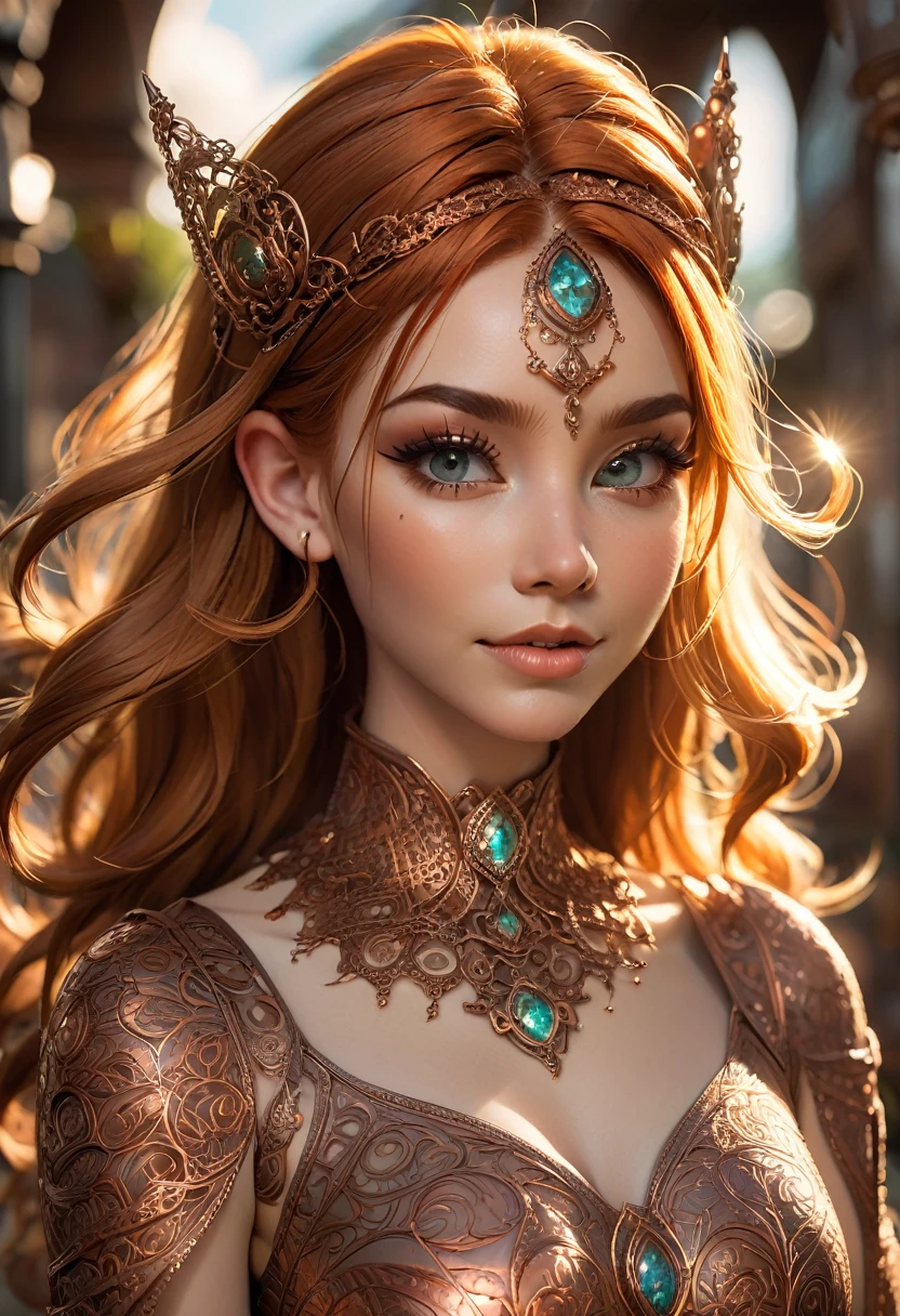 Steampunk inspired goblin princess. copper wire necklaces and bangles. Crown of fine copper wire. copper coloured tatoos cover her face and body intricate and beautiful designs. LArge pointed ears that end in curlicues. Hands on hips. Ember colored eyes adorned with intricate copper wireing. a pure white dress, hemmed with copper, covered in copper lace and filligree. silver designs cover the skirt in a kaleidoscope of intricate copper designs. Background is magical verdant forrest. Her visage is a mesmerizing blend of Sydney Sweeney, Alison Brie, Dove-Cameron, creating a unique, symmetrical face that exudes elegance and grace. copper colores face tattoos. Copper colored arms, and chest tatoos. Cozy, romantic lighting. Cheerful smile. Copper hair that shimmers and sparkles in the lights. Hourglass figure. copper lips. dark copper eye shadow.
