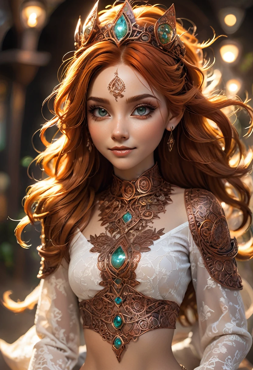 Steampunk inspired goblin princess. copper wire necklaces and bangles. Crown of fine copper wire. copper coloured tatoos cover her face and body intricate and beautiful designs. LArge pointed ears that end in curlicues. Hands on hips. Ember colored eyes adorned with intricate copper wireing. a pure white dress, hemmed with copper, covered in copper lace and filligree. silver designs cover the skirt in a kaleidoscope of intricate copper designs. Background is magical verdant forrest. Her visage is a mesmerizing blend of Sydney Sweeney, Alison Brie, Dove-Cameron, creating a unique, symmetrical face that exudes elegance and grace. copper colores face tattoos. Copper colored arms, and chest tatoos. Cozy, romantic lighting. Cheerful smile. Copper hair that shimmers and sparkles in the lights. Hourglass figure. copper lips. dark copper eye shadow.
