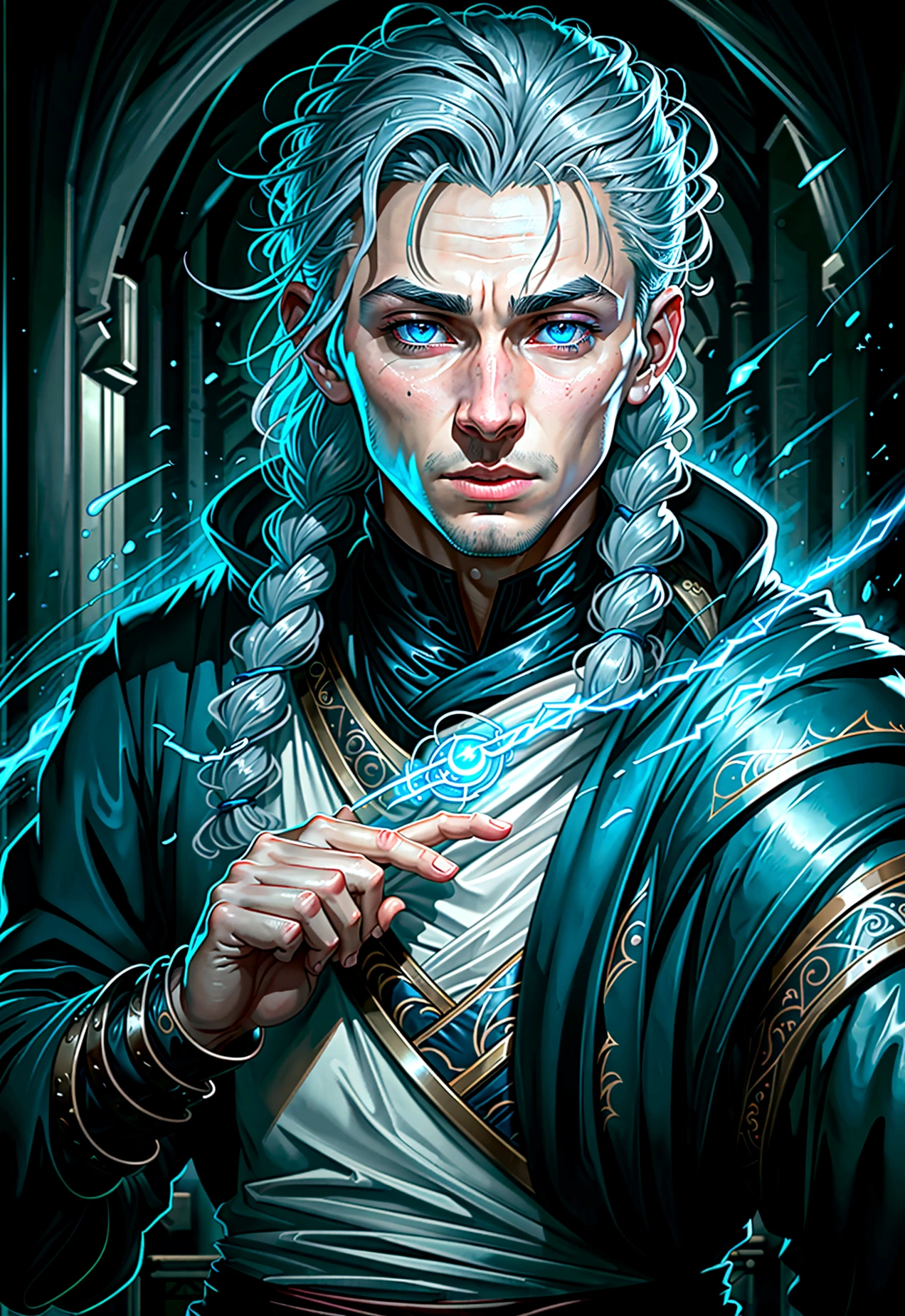 portrait art, young sorcerer, half a turn, blue skin, grey hair with one waist-length braid, no beard, grey eyes, medieval era fantasy,
