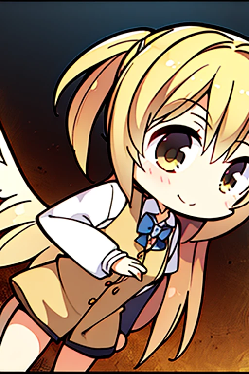 Perfect face. Perfect hands. A blonde haired female angel with hazel eyes and golden wings in a conservative cowgirl outfit is exploring an abandoned mine with a nervous smile