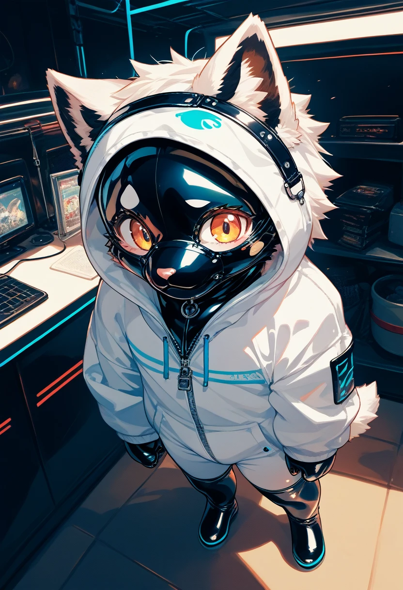 Highest quality, Highest quality, High quality illustrations, masterpiece, Ultra-high resolution, Detailed Background, Games Room, Absurd, Perfect Anatomy, performance, Good lighting, Shadows in the movies(kemono, Furry PersonifiCation), Cat, Dark Skin, Rubber suit, Rubber suit, latex, neon, neonライト, neonカラー, Rubber spats, White rubber hoodie, Rubber mask, ribbon, Embarrassing, Null bulge, male, juvenile, from above