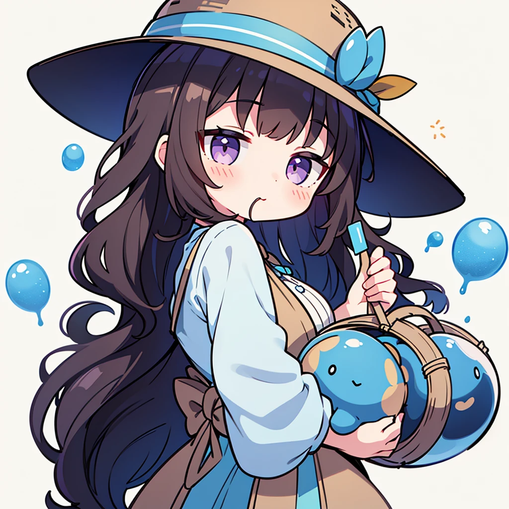 Girl，Upper Body，sideways，Wear a brown straw hat，Black long curly hair，With a lollipop in mouth，Look back，Wearing white and blue lolita，Carrying a bamboo basket on the back，gorgeous，cute，Beige background，Decorated with light blue slime，big purple eyes