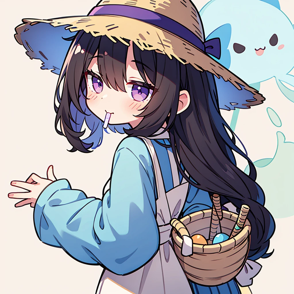 Girl,Upper Body,sideways,Wear a brown straw hat,Black long curly hair,With a lollipop in mouth,Look back,Wearing white and blue ta,Carrying a bamboo basket on the back,gorgeous,cute,Beige background,Decorated with light blue slime,big purple eyes