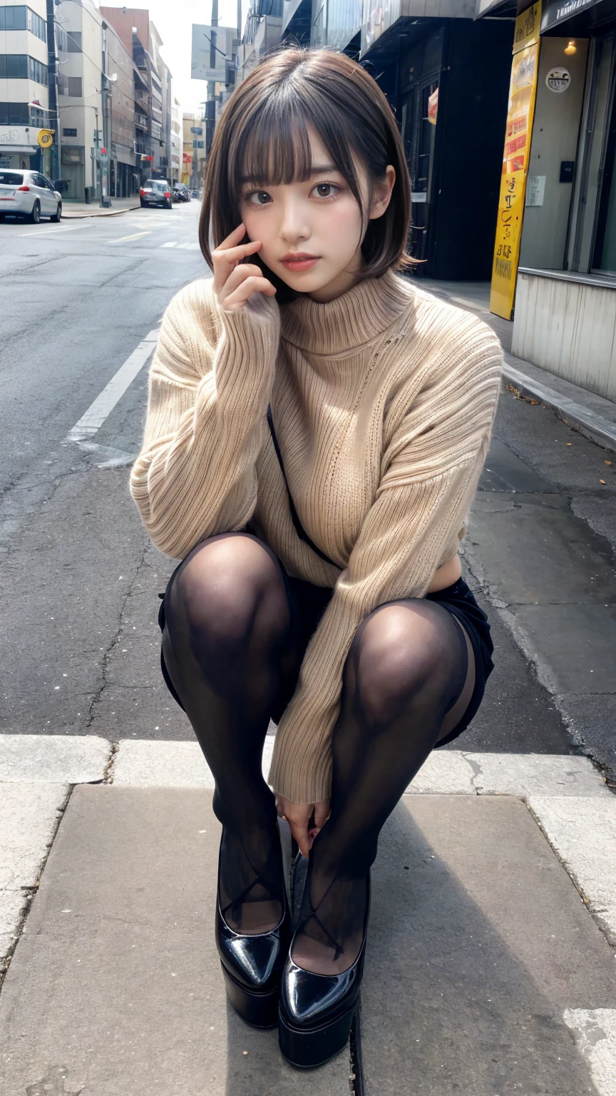 Photo taken by a professional photographer,Close-up of a woman squatting on the sidewalk with her legs crossed, kiko mizuhara, wearing a sweater, Shirahime cut brown hair, wearing a sweater, young and cute girl, japanese model, 白いwearing a sweater, Chiho, ランダムカラーのカジュアルなwearing a sweater,Cute ide waves with short hair, a cute young woman, cute young woman, black pantyhose,black tights,black high heels,