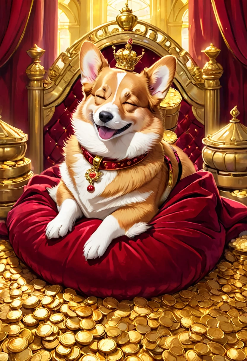 Corgi sleeping in a bed of gold, crown, corgi is wearing a wine red velvet king's clothes, soft canopy, eyes closed and calm expression, smiling, surrounded by gold coins, full of money, holding gold coins Stacks, gorgeous palace-like rooms, fine grains of light