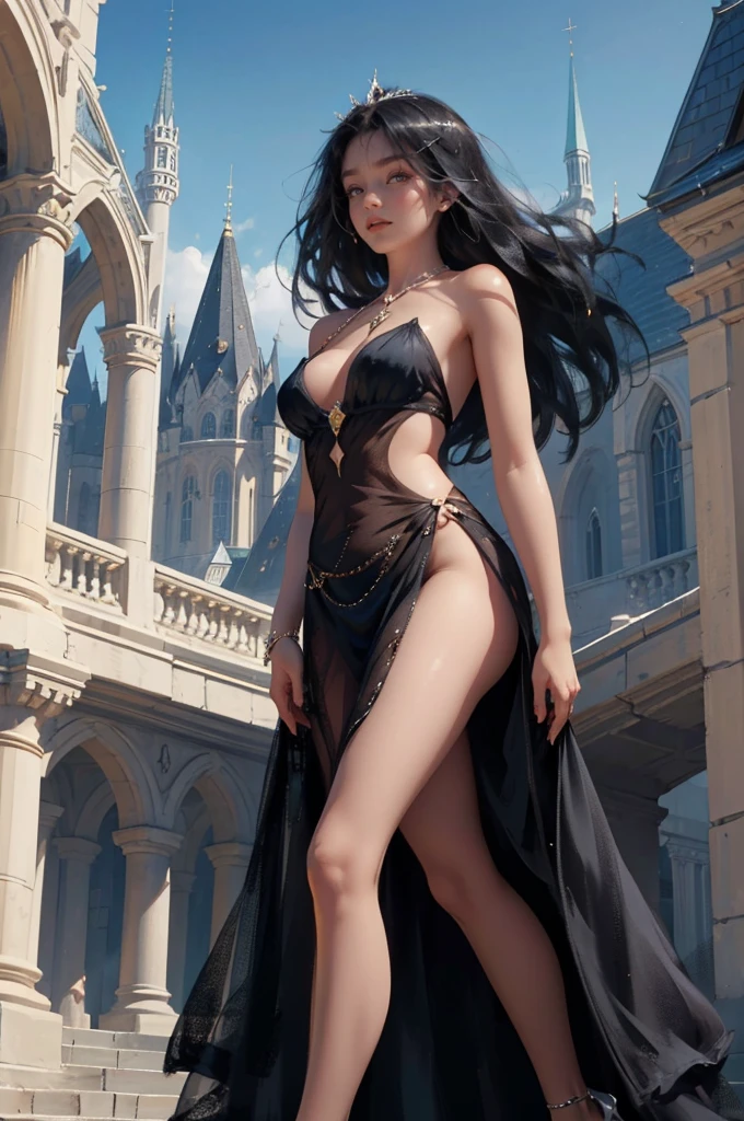 ((aeolian)), 1 girl, beautiful face, ((young)) Princess, (wearing a torn and ripped dress), very long black hair, no underwear, slim body, long legs, shiny skin, fantasy castle landscape, high heels