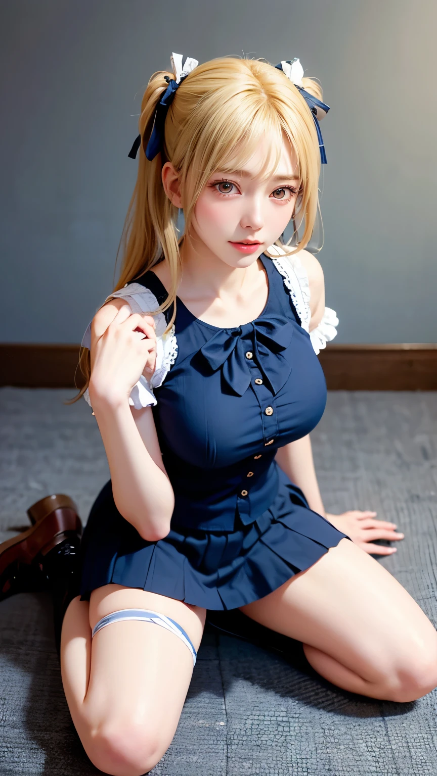 (Very delicate and beautiful:1.2)super model,,Big Breasts,Beautiful breasts,voluptuous,【bike shorts】,,【3girls】,,Highest quality, High resolution, 8K,mini skirt,Navy blue frilly sailor suit,Blonde twin tails,Lolita Style,Right hand bandaged,boots