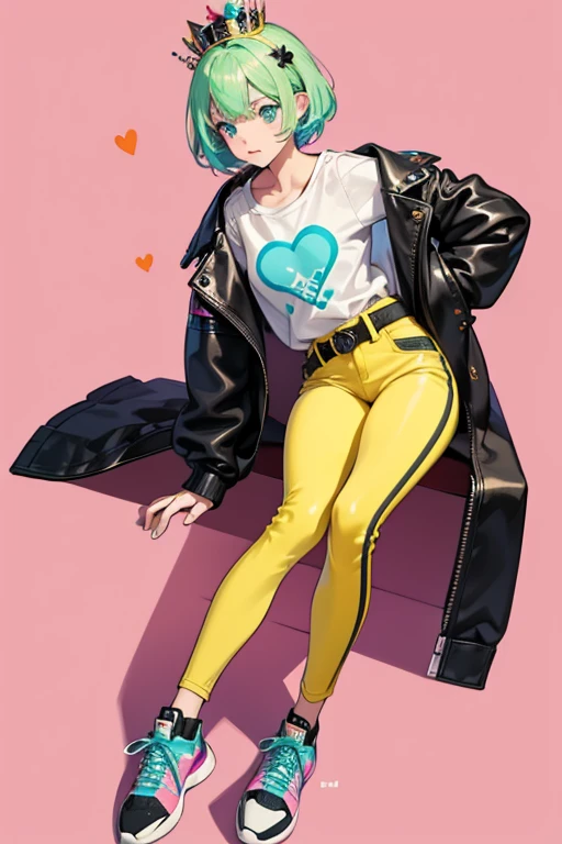 Zoé wears a black faux leather jacket, a white t-shirt with a pink, cyan and yellow honeycomb flower on the front, and an orange belt with yellow sport skinny jeans and a black part. On her feet, her sneakers have white shoelaces, toe caps and soles. The sides of her sneakers are decorated with blue, lime-green and pink heart and star patterns with black outlines. There's a moderate apple green crown on the left side of her left shoe and a white skull on the left side of her right shoe. The midsole of the shoes seem to be decorated with different drawings that appeared to be drawn with a black permanent marker. The left shoe has a red heart drawn on the toe cap that reads "I ♡︎U SPARKLE; GLITTER;