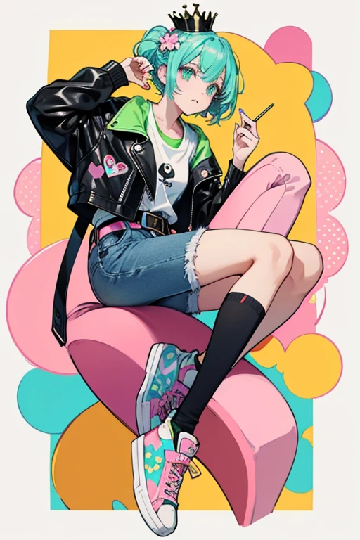 Zoé wears a black faux leather jacket, a white t-shirt with a pink, cyan and yellow honeycomb flower on the front, and an orange belt with yellow sport skinny jeans and a black part. On her feet, her sneakers have white shoelaces, toe caps and soles. The sides of her sneakers are decorated with blue, lime-green and pink heart and star patterns with black outlines. There's a moderate apple green crown on the left side of her left shoe and a white skull on the left side of her right shoe. The midsole of the shoes seem to be decorated with different drawings that appeared to be drawn with a black permanent marker. The left shoe has a red heart drawn on the toe cap that reads "I ♡︎U SPARKLE; GLITTER;