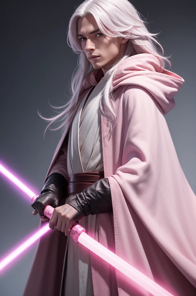Create a male Jedi with long white hair, wearing a cloak with pink details and a pink saber, Don't make any mistakes in this image!
