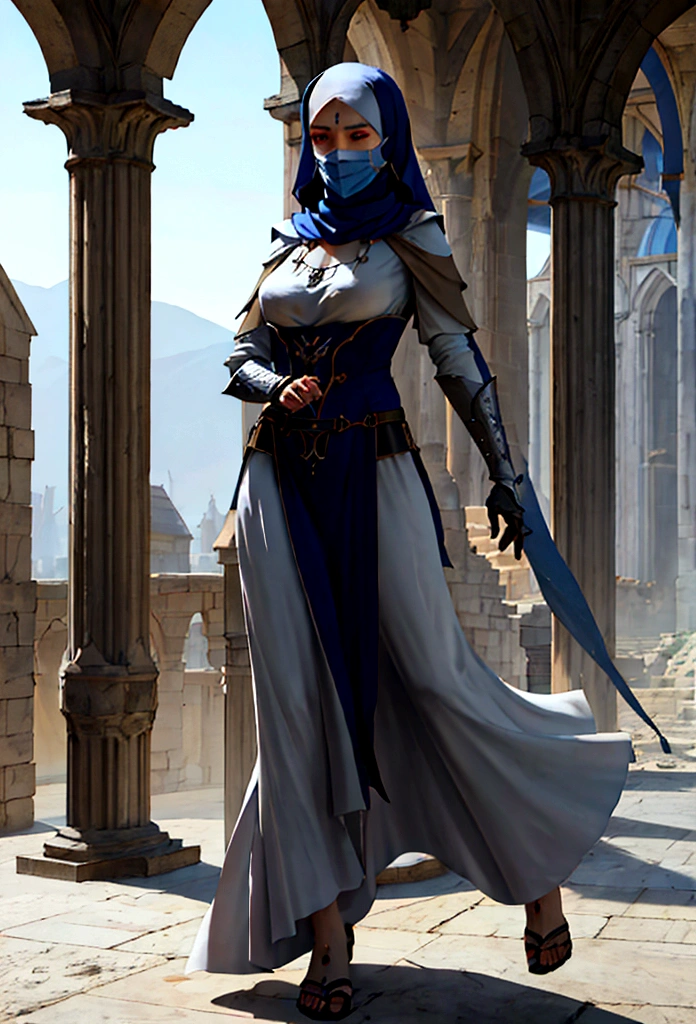 (full body of a medieval woman with a Hajib covering her mouth, She wears noble clothes and has brown eyes ), (innocent features)(cicatriz), ((good detailed eyes)) rosto ultra detaild, rpg concept art, art by greg rutkowski, art by ruan jia, arte de Ilya kuvshinov, ambiente darker, darker, character sheet, ultra detaild, ultra quality