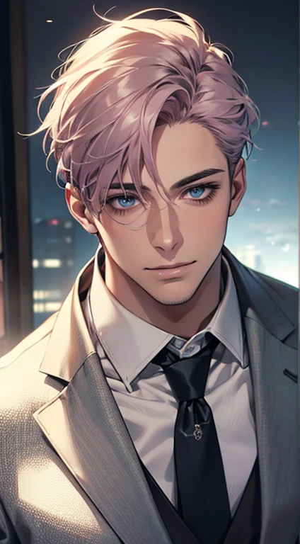 (Highest quality,4K,8K,High resolution,masterpiece:1.2),Super detailed,(Realistic,photoRealistic,photo-Realistic:1.37),1 person,31 years old,Mature Men,Beautiful skin、very handsome,Expressionless,smile,Short gray pink hair,blue eyes,Sharp Eyes,A perfect face without a doubt,Businessman,Office Background,Cinema Lighting,HDR image,tie、