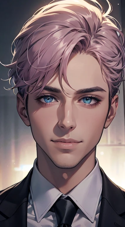 (Highest quality,4K,8K,High resolution,masterpiece:1.2),Super detailed,(Realistic,photoRealistic,photo-Realistic:1.37),1 person,31 years old,Mature Men,Beautiful skin、very handsome,Expressionless,smile,Short gray pink hair,blue eyes,Sharp Eyes,A perfect face without a doubt,Businessman,Office Background,Cinema Lighting,HDR image,tie、