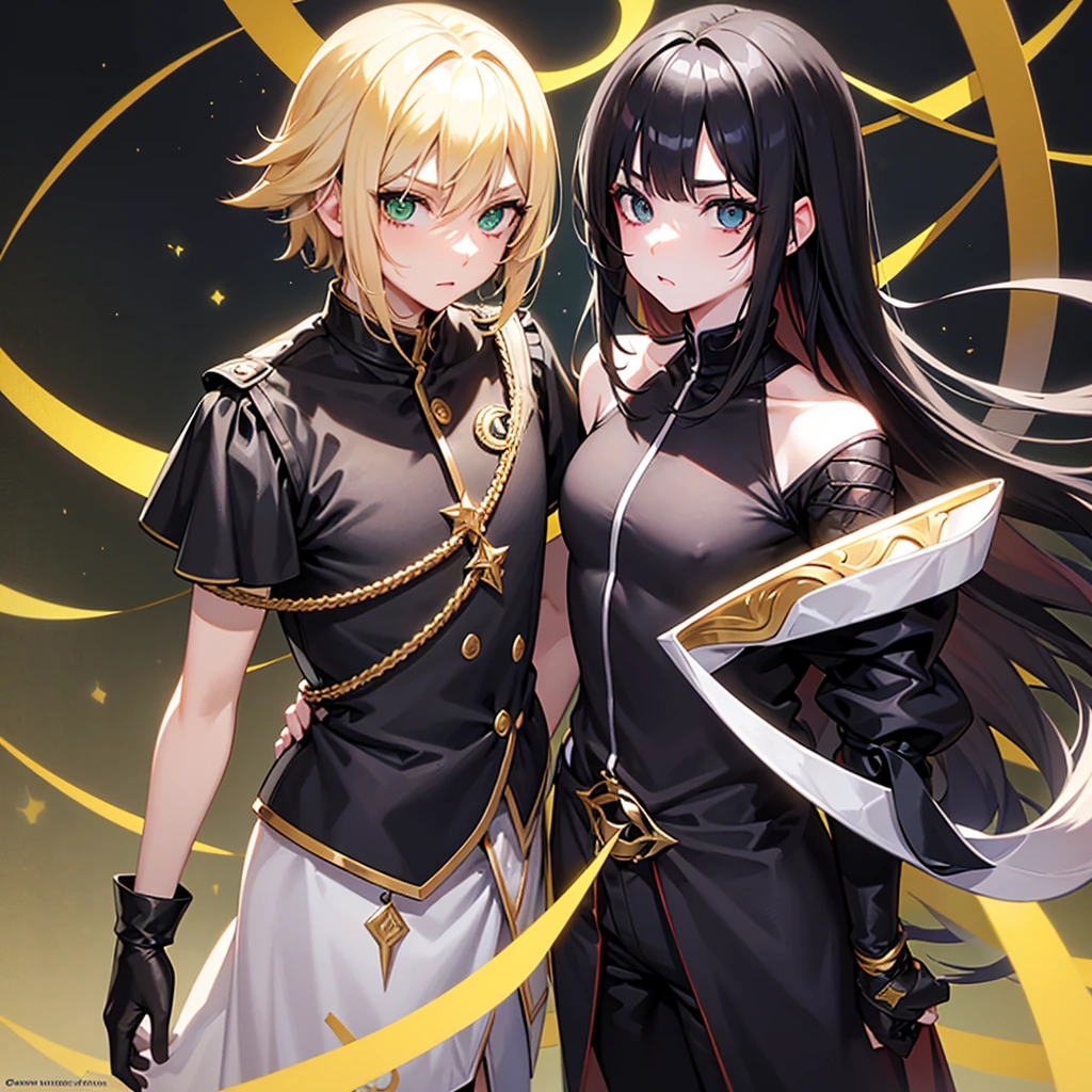 MALE. Black hair with blonde highlights and straight, up to the neck + Has a fringe that covers the eyebrows + Drooping and green eyes + Pale skin.
