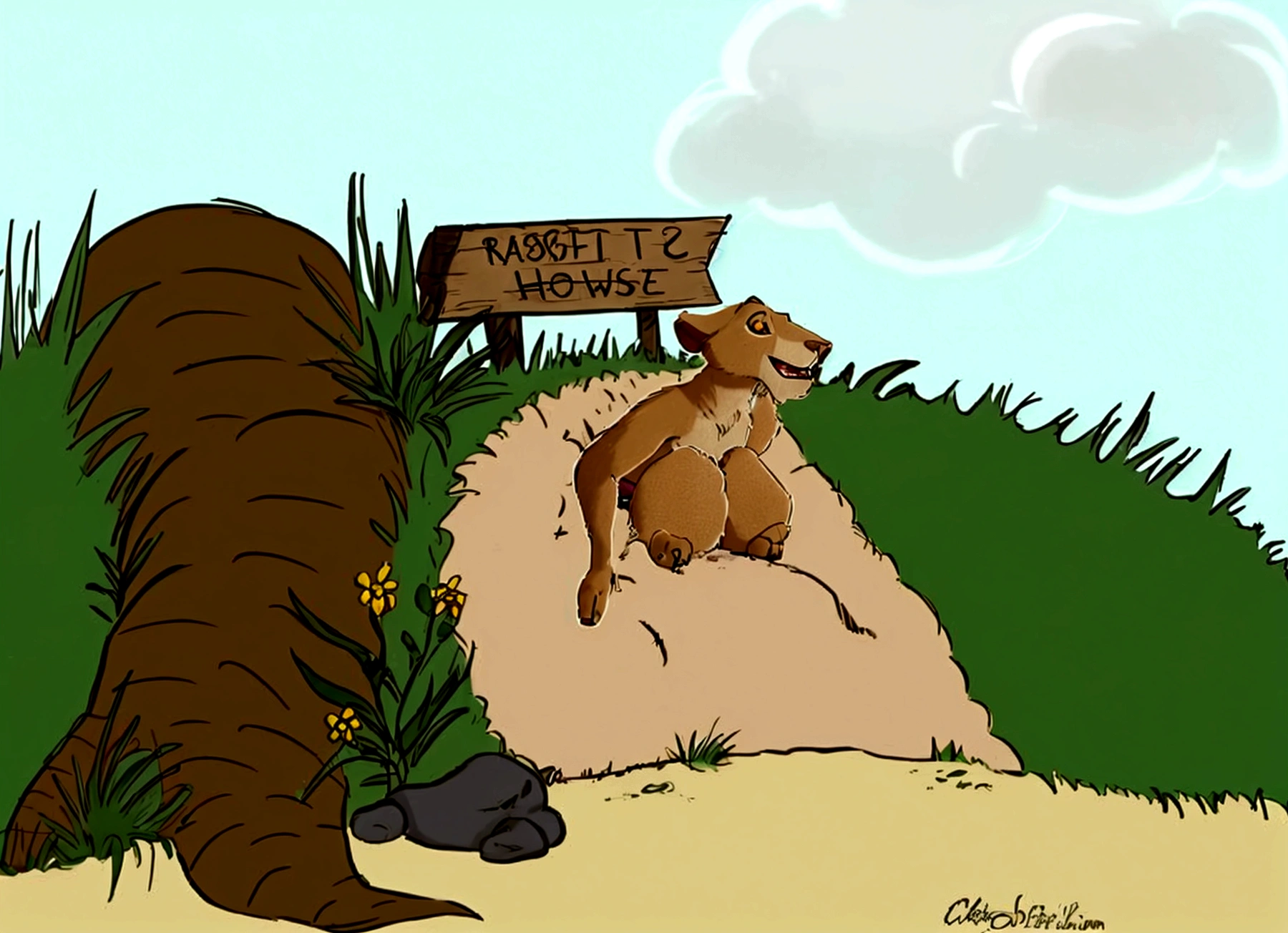 cartoon of a dog sitting on a dirt road next to a sign, don!!!! bluth!!!!, inspired by Don Bluth, don!!! bluth!!!, rabbit, jar jar binks, don bluth!!!, rabbt_character, don bluth!!, ( dog ) jumps over hill, illustration”, inspired by Beatrix Potter, be running up that hill