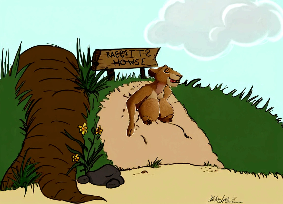 cartoon of a dog sitting on a dirt road next to a sign, don!!!! bluth!!!!, inspired by Don Bluth, don!!! bluth!!!, rabbit, jar jar binks, don bluth!!!, rabbt_character, don bluth!!, ( dog ) jumps over hill, illustration”, inspired by Beatrix Potter, be running up that hill