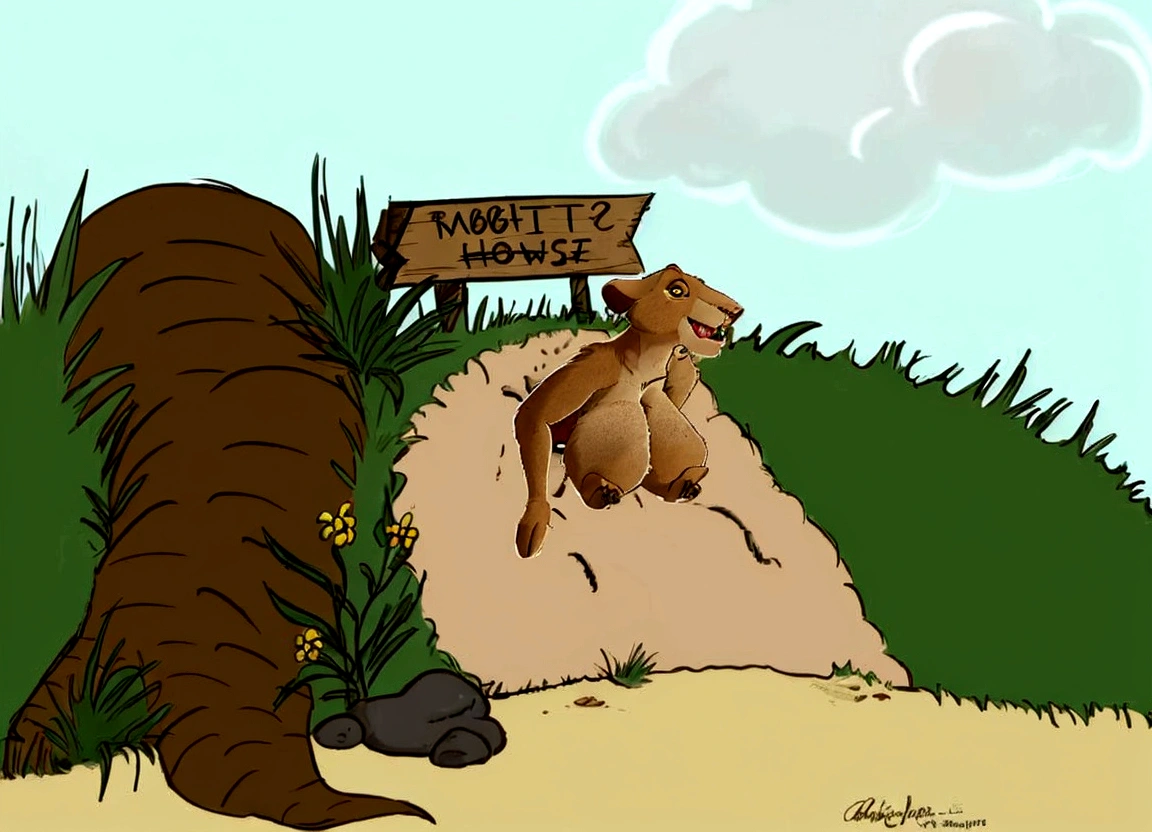 cartoon of a dog sitting on a dirt road next to a sign, don!!!! bluth!!!!, inspired by Don Bluth, don!!! bluth!!!, rabbit, jar jar binks, don bluth!!!, rabbt_character, don bluth!!, ( dog ) jumps over hill, illustration”, inspired by Beatrix Potter, be running up that hill