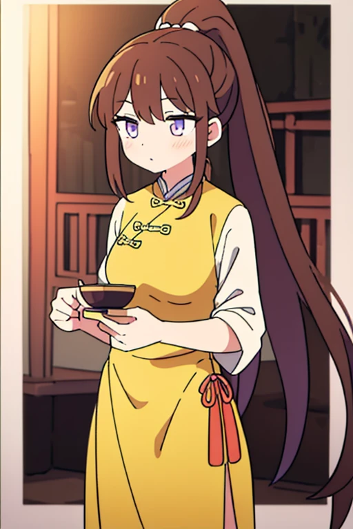 ( Best Quality, ancient china, A girl, long yellow chinese dress), long hair tied in a ponytail, Brown hair, tender lilac eyes, short sleeves
