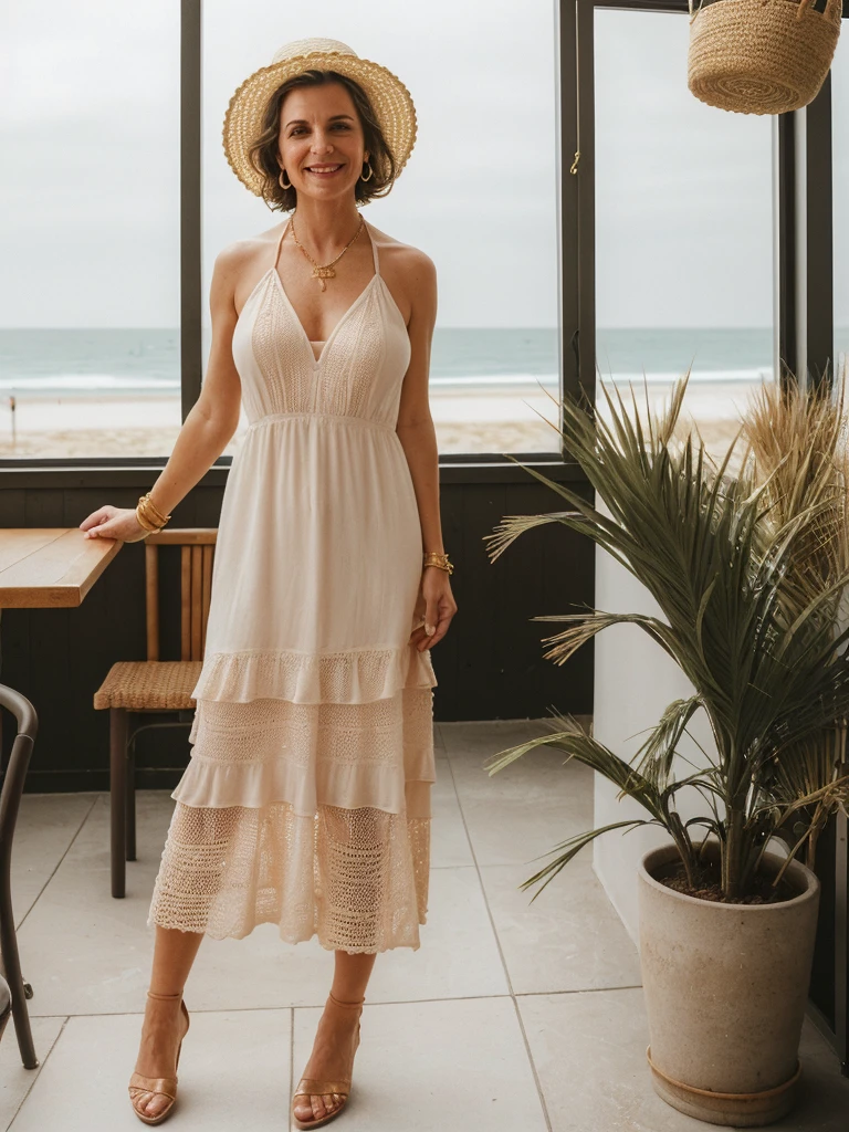 1girl, photorealistic, realistic, her name is Elise, middle age, a 45-year-old woman with gray hair, body of 45-year-old woman, wrinkles on her face and body, Alpine woman, ((dark brown hair, short hair))), smiling, (((she is in her floor length crochet dress. It is made in super soft bright pink yarn. The dress has a halter-neck Accessories include a wide-brimmed straw hat, adding both glamour and practicality under the sun. Her look is completed with delicate gold jewelry, such as layered necklaces and hoop earrings, which catch the sunlight streaming through the coffee shop’s windows. A woven tote bag sits beside her))), (((dynamic pose))), ((( she is seductively standing inside a coffee shop near the beach exudes a relaxed yet chic vibe, perfectly blending comfort with style))), cleavagae