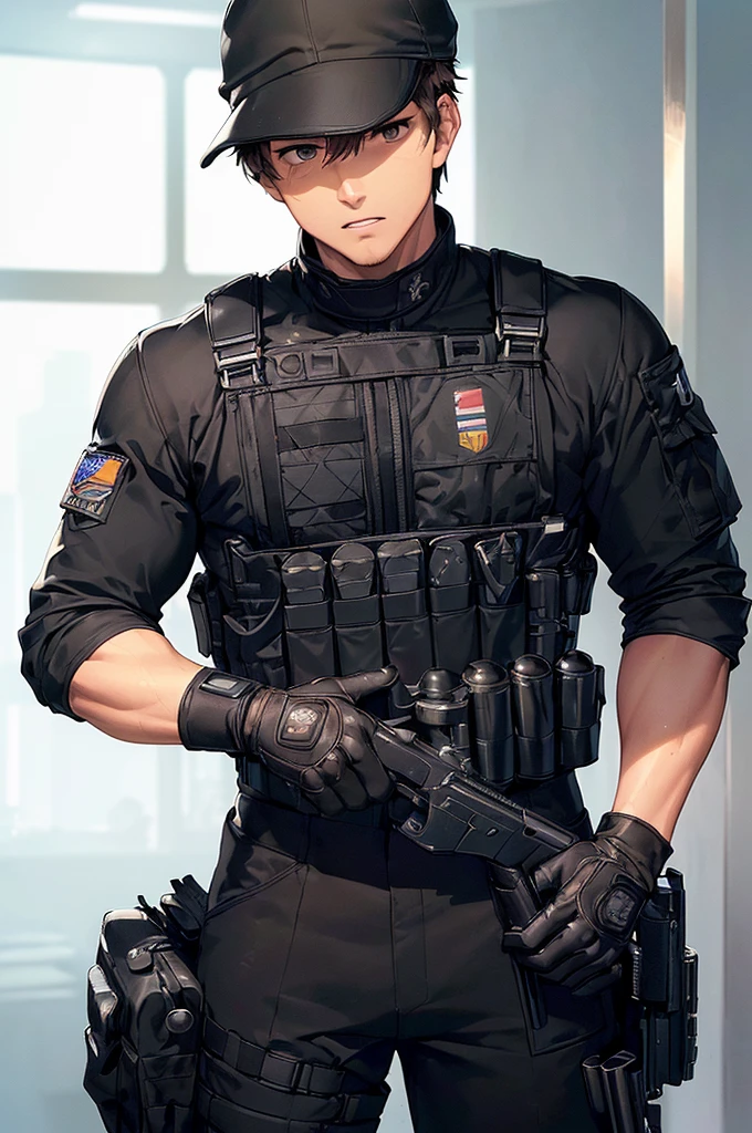 (((masterpiece; best quality: 1.2))), (finely detailed eyes: 1.3), (25 year old man), (solo), (black eyes: 1.4), (body; muscular, fit, masculine: 1.3), (short brown hair: 1.3), (beautiful and clear background: 1.2), ((depth of field)), (equipment: spec ops full black tactical combat-ready gear + black gloves + black baseball cap + holstered gun + pouches: 1.3), (anime illustration: 1.2), (background composition; military base office: 1.1), (extremely fine and handsome: 1.1), (shot composition; standing + centered on torso + close-up: 1.5), (expression; calm, stoic: 1.2)