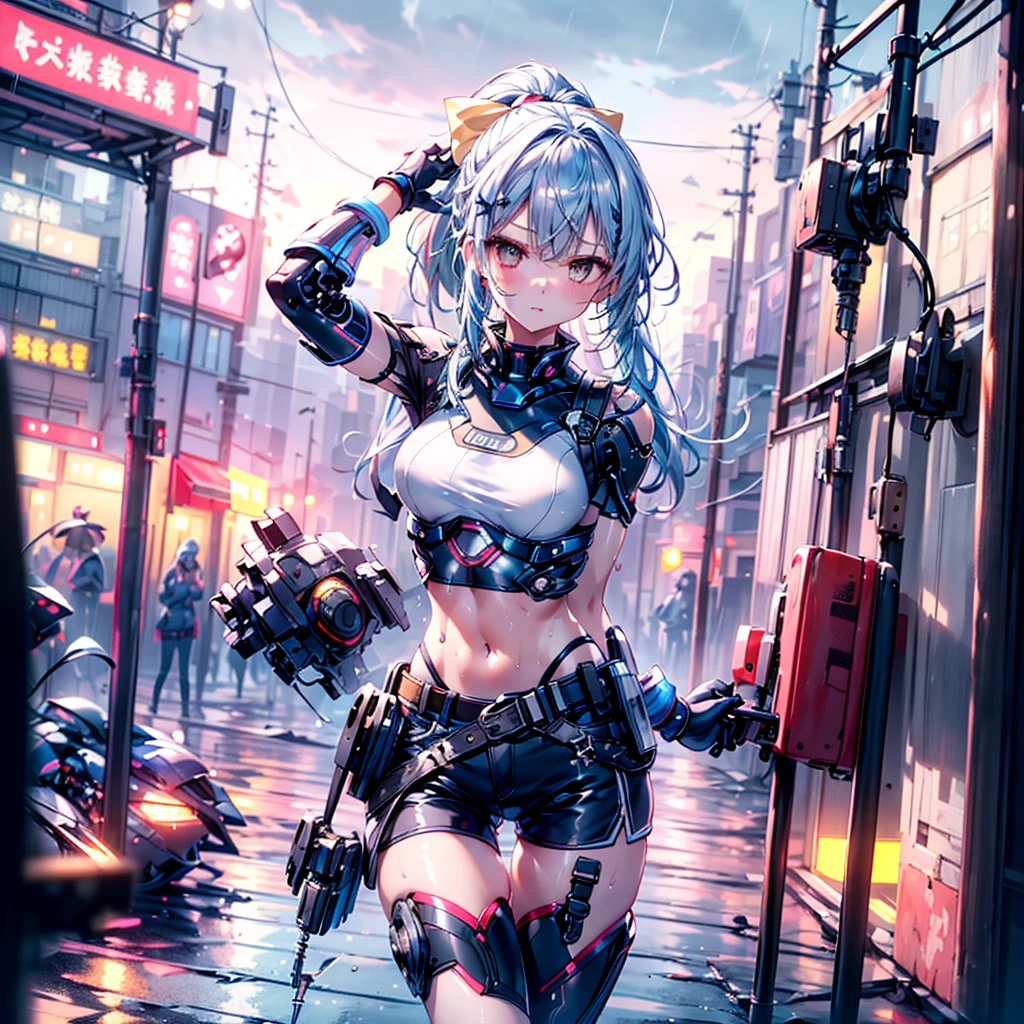 ((Highest quality,masterpiece,detailed,4K)), a girl with blue hair and a top with short sleeves holding a screw driver, 1girl, 独奏, mechanical body, mecha, long hair, blue hair, navel, gloves, shorts, breasts, sweat, wrench, short shorts, very long hair, underwear, panties, holding, belt, arm up, ponytail, small breasts, blurry background, gray sky, rain, looking at viewer, black gloves, white panties, sports bra, wiping sweat, bow, bare shoulders, bangs, cowboy shot, yellow eyes, midriff, hair bow, (expressionless), face focus
