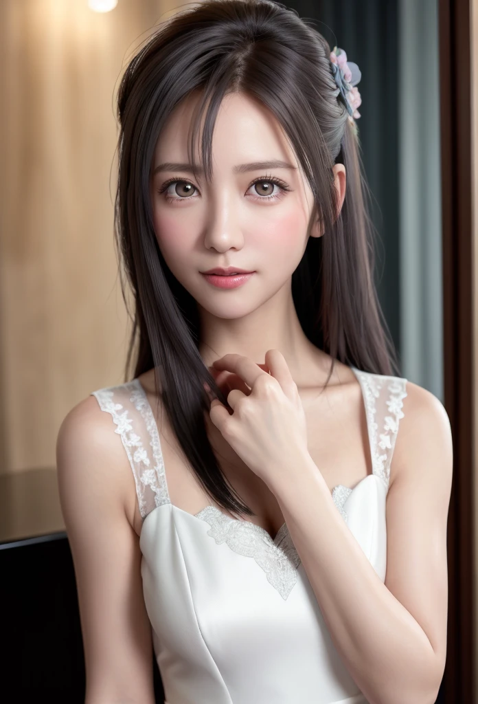 (8K, RAW Photos, Tabletop:1.3), (Realistic, Photorealistic:1.37), (night), (View your viewers:1.331), (Gray Hair), Pause, Wedding venue background, Soft Light, One Girl, Very beautiful face, bust, Put your hands down, Random hairstyle, smile, Big eyes, Lower abdomen, (Hmph_White Wedding Dress), Hmph_style,Mix 4., Highest quality