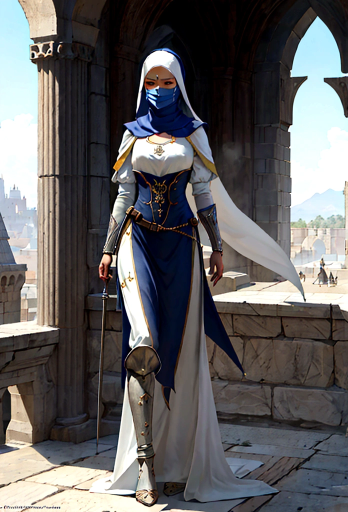 (full body of a medieval woman with a Hajib covering her mouth, She wears noble clothes and has brown eyes ), (innocent features)(cicatriz), ((good detailed eyes)) rosto ultra detaild, rpg concept art, art by greg rutkowski, art by ruan jia, arte de Ilya kuvshinov, ambiente darker, darker, character sheet, ultra detaild, ultra quality