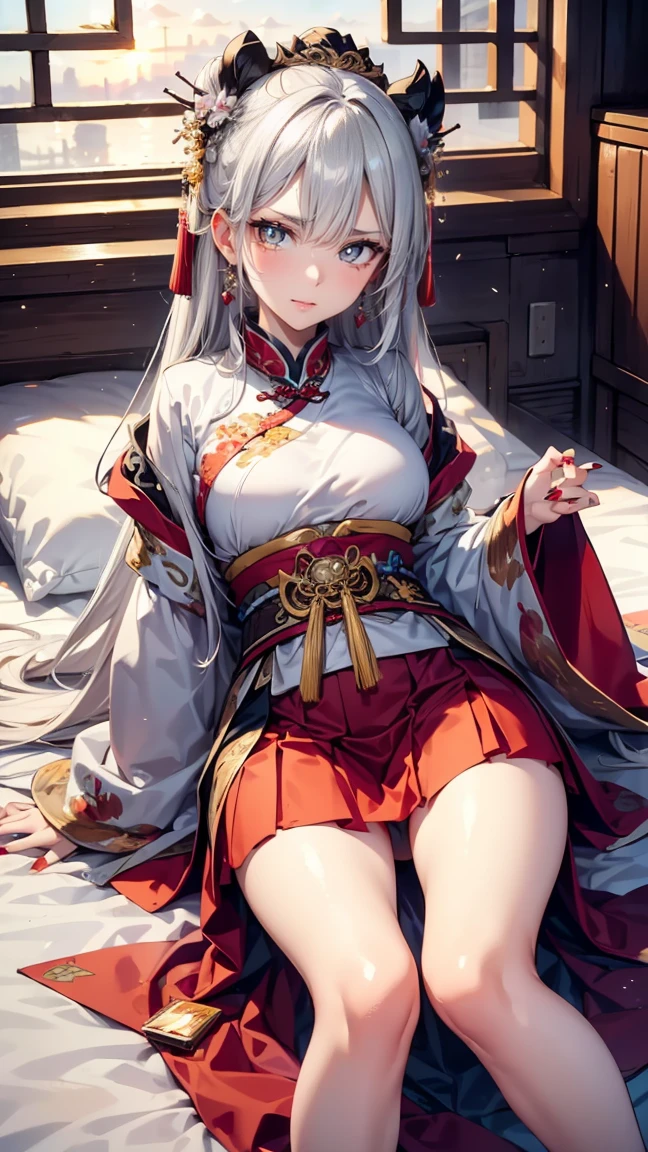 A female empress, white-haired, with yellow eyes, red nails, with notable physical characteristics, mostrando os peitos, legs open showing pussy, with an angry face and a provocative look, mouth open with tongue out. Wearing traditional Chinese imperial clothing, decorated in gold with black details, with red Hanafuda earrings, with a short red skirt. Lying on a white bed in a hotel room with a sunset in the window in the background.