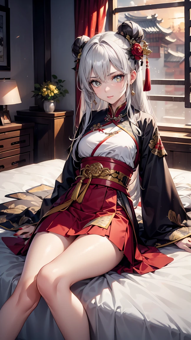 A female empress, white-haired, with yellow eyes, red nails, with notable physical characteristics, mostrando os peitos, legs open showing pussy, with an angry face and a provocative look, mouth open with tongue out. Wearing traditional Chinese imperial clothing, decorated in gold with black details, with red Hanafuda earrings, with a short red skirt. Lying on a white bed in a hotel room with a sunset in the window in the background.