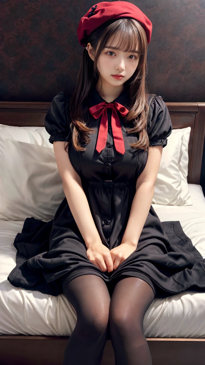 (absurdres:1.3), (highres:1.3), (ultra detailed:1.3),(1girl:1.3), (extremely detailed CG unity 8k wallpaper:1.3), (detailed skin texture, detailed cloth texture, detailed hair texture), (beautiful detailed face, supermodel, pale skin, realistic glistening skin), (RAW photo, best quality), (realistic, photo-realistic:1.4), masterpiece, extremely delicate and beautiful,Amazing, finely detail, extremely detailed CG unity 8k wallpaper, huge filesize, ultra-detailed, highres, absurdres, soft light,rim light, vibrant details, hotel room, straight hair, large breasts, black hair color, Big Natural Color Lip, (perfect body shape), beautiful legs, BREAK (black and red theme:1.4), (black sundress:1.5), (black sailor collar:1.4), ((short sleeve, bishop-sleeve):1.3), (black beret with white ribbon:1.4), (red tie:1.3), (double-breasted on (dress, skirt):1.3), ((red ribbon, white large-button):1.3), (red line on dress:1.2),
BREAK ((dark-brown pantyhose, loafers):1.2), crying a little、Harajuku style、20 year old girl、cute type、ta、